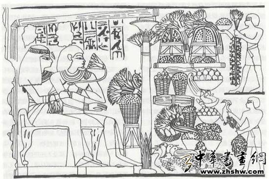  古埃及壁画 约公元前1400年 主人和他妻子坐在椅子上， 接受两位仆人送来的飞禽和水果。