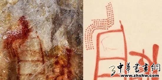 在西班牙北部的La Pasiega洞穴中梯子造型的洞穴壁画，右图为专家临摹 图片来源：洛杉矶时报